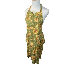 April Cornell Apron Green Sunflower Tiered Ruffle Neck Tie Back Cotton Women