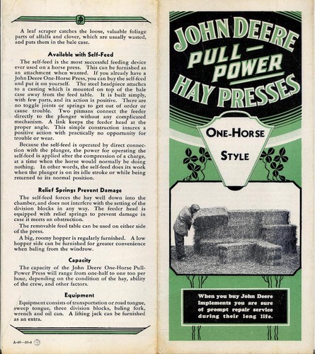 1936 ANTIQUE JOHN DEERE BROCHURE "Pull Power Hay Presses"