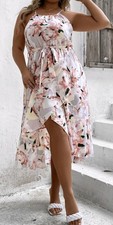 SHEIN Holidaya Plus Floral Print Ruffle Hem Halter Dress Sz 1XL