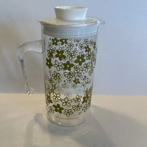 Vintage Pyrex Spring Blossom Crazy Daisy Glass Pitcher Green White Flowers W Lid