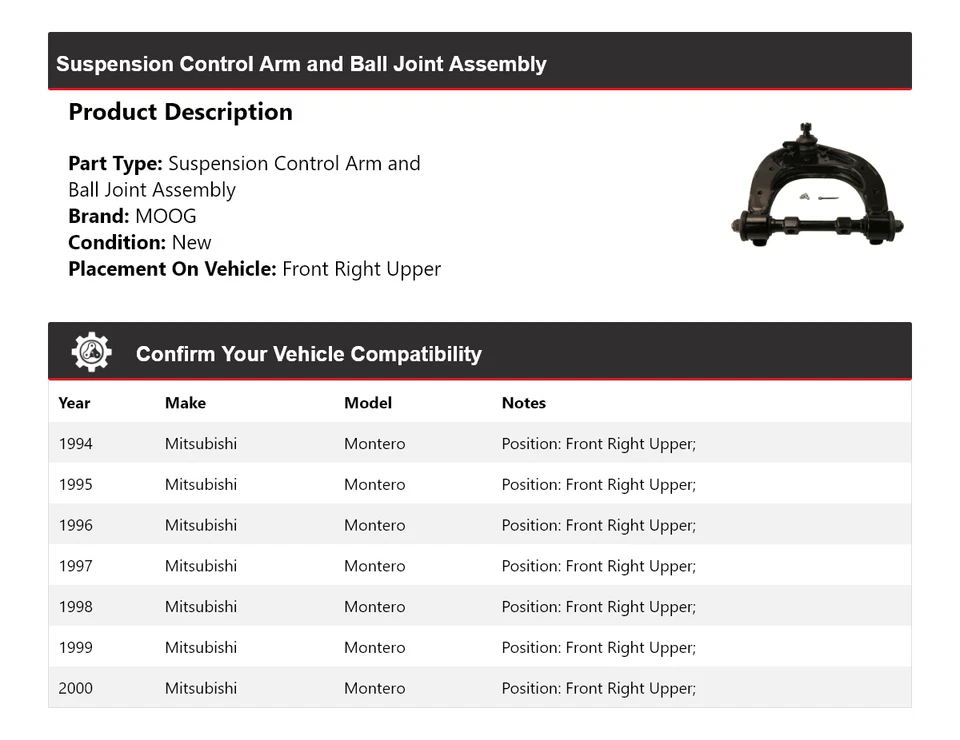 Brazo de control delantero derecho superior MOOG 1994-2000 para Mitsubishi Montero 1994-2000 Foto 2 de 4