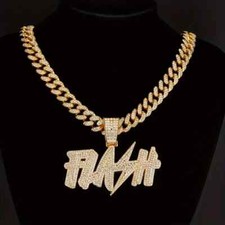 Cuban Chain Flash Pendant Iced Hip Hop Gold Silver Plated Zirconia Rapper Bling
