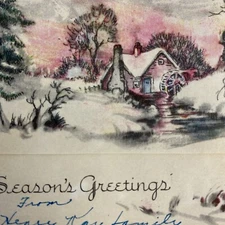 Vintage Early Mid Century Christmas Greeting Card Pink Sky House Trees Stream
