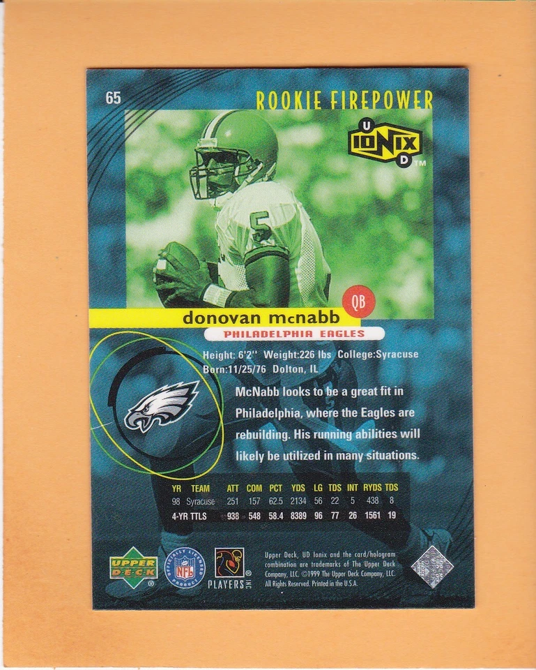 DONOVAN MCNABB 1999 UD IONIX ROOKIE #65 PHILADELPHIA EAGLES - Image 2 of 2