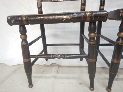 Pair Antique Hitchcock Rush Seat Chairs Black Paint decorated - Picture 8 of 22