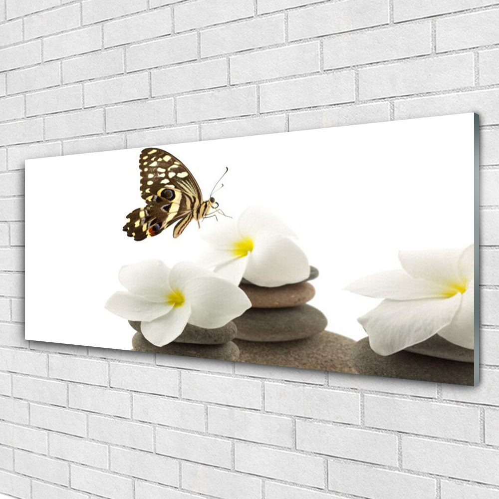 Tableau mural en Plexiglas 125x50 cm motif papillon fleurs et pierres zen