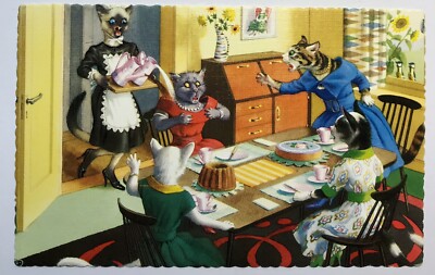 Anthropomorphic Cats Dinner Table Dining Wearing Dresses Alfred Mainzer