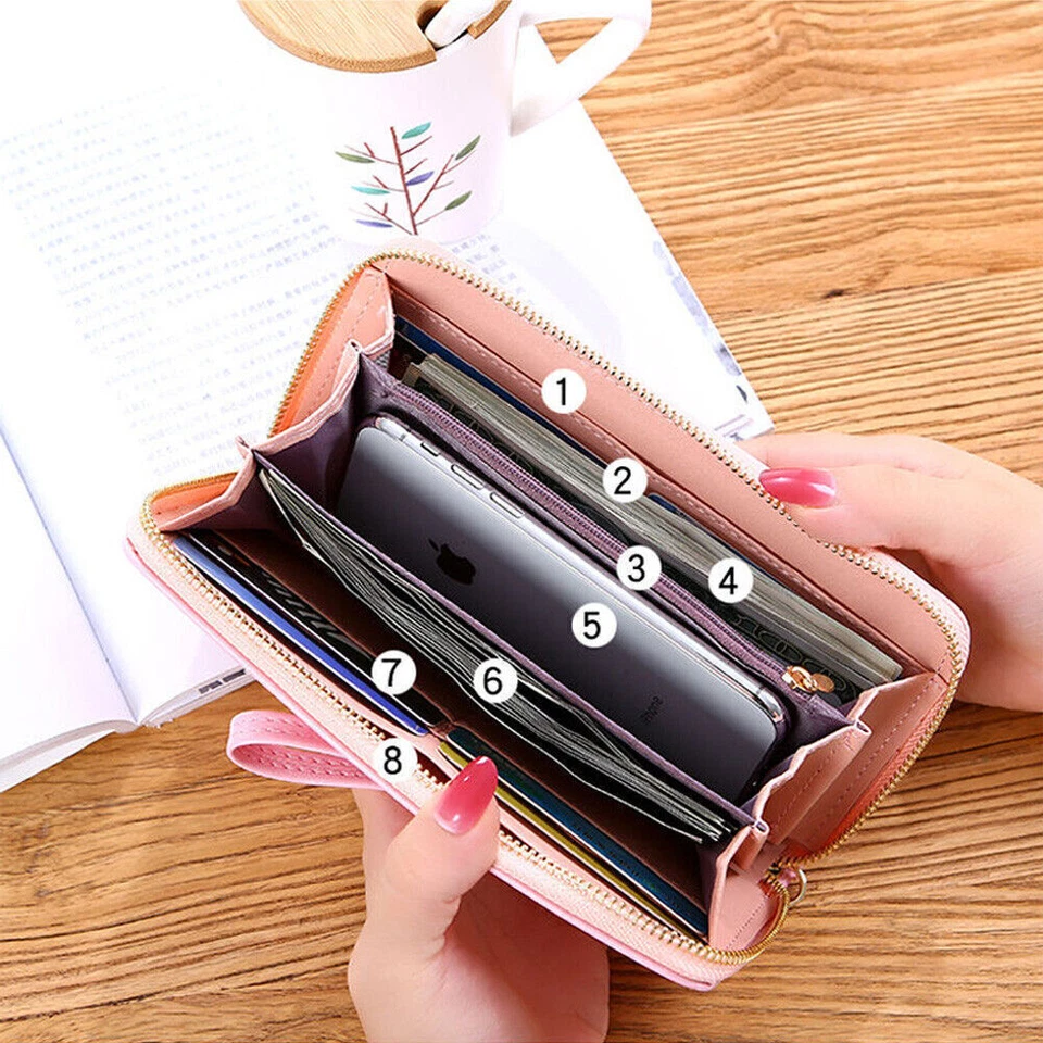 Mujer Dama Cartera RFID Bloqueo Cuero Tarjeta de Crédito Teléfono Cartera de Viaje Foto 2 de 4