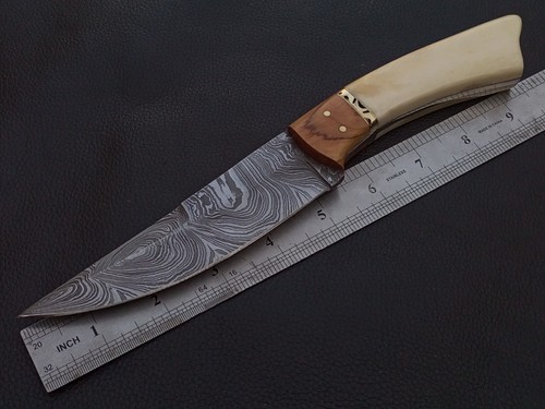 9.5" CUSTOM HAND MADE DAMASCUS STEEL SKINNER KNIFE BONE HANDLE W/SHEATH 4932 - Picture 7 of 8