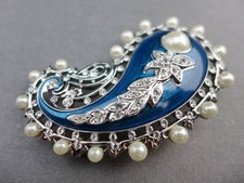 RARE Kenneth Jay Lane KJL Empress Jeweled Cobalt Blue Enameled Paisley Pearl Pin