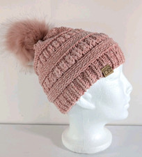 NWT Chunky Knit Beanie Hat Rose Pink Faux Fur Pom Pom Toboggan Winter Accessory