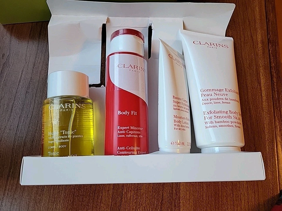 CLARINS BODY BASICS Body Fit, Scrub, Tonic Treatment Oil, Body Lotion Open Box - Image 4 of 4