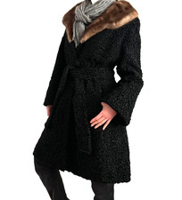 Vintage Black Persian Lamb  Mink Belted Genuine Fur Coat Curly Embroidered 38"