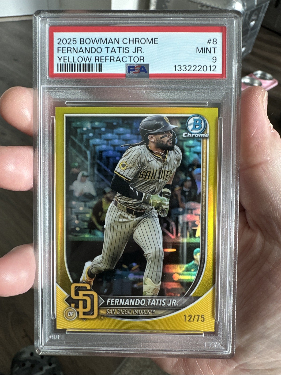 2025 BOWMAN CHROME YELLOW REFRACTOR #8 FERNANDO TATIS JR 12/75 PSA 9 view 2