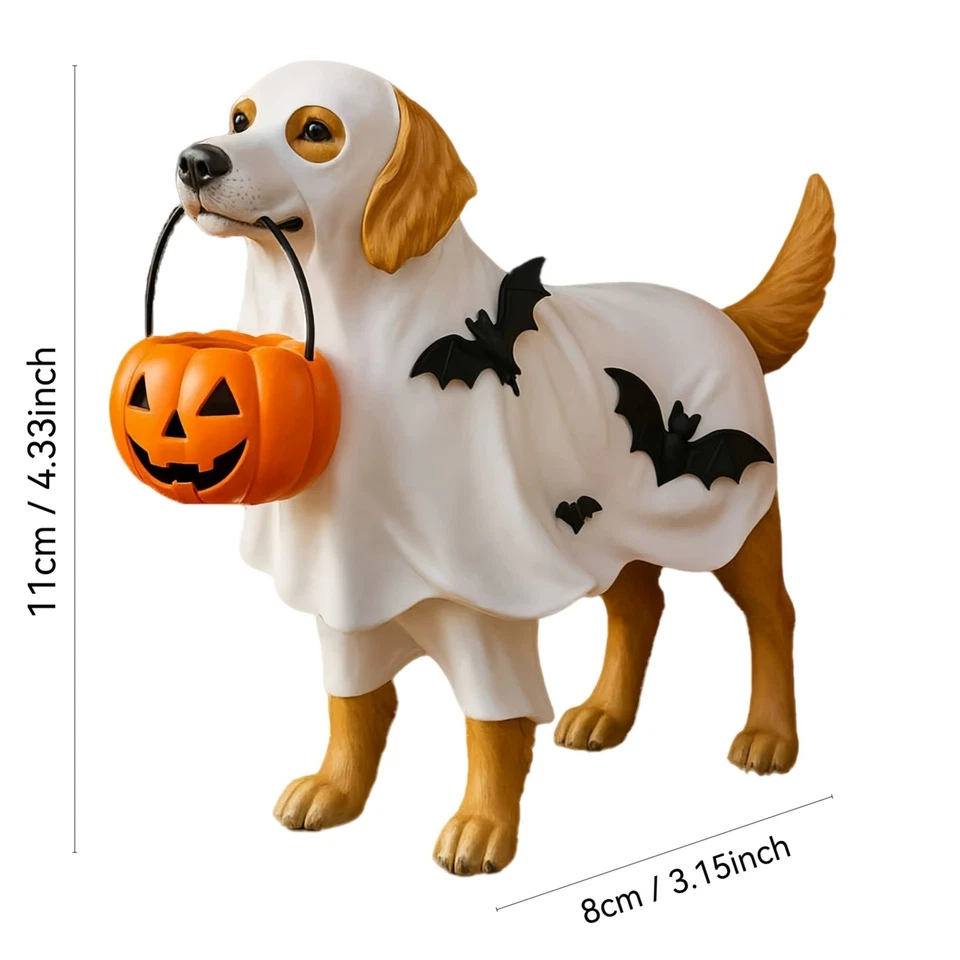 Ghost Dog Halloween Decoration, Resin Halloween Dogs Ghost Decor Indoor Pumpkin - Image 3 of 4
