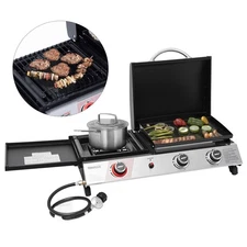 Royal Gourmet 3-in-1 Portable Gas Griddle with Side Burner and Lid for Outdoor