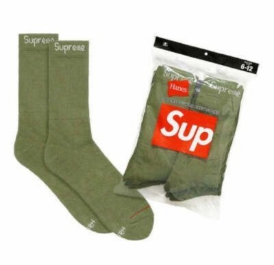 Supreme x Hanes OLIVE GREEN Crew Socks ONE (1) PAIR - Size 6-12 - NEW