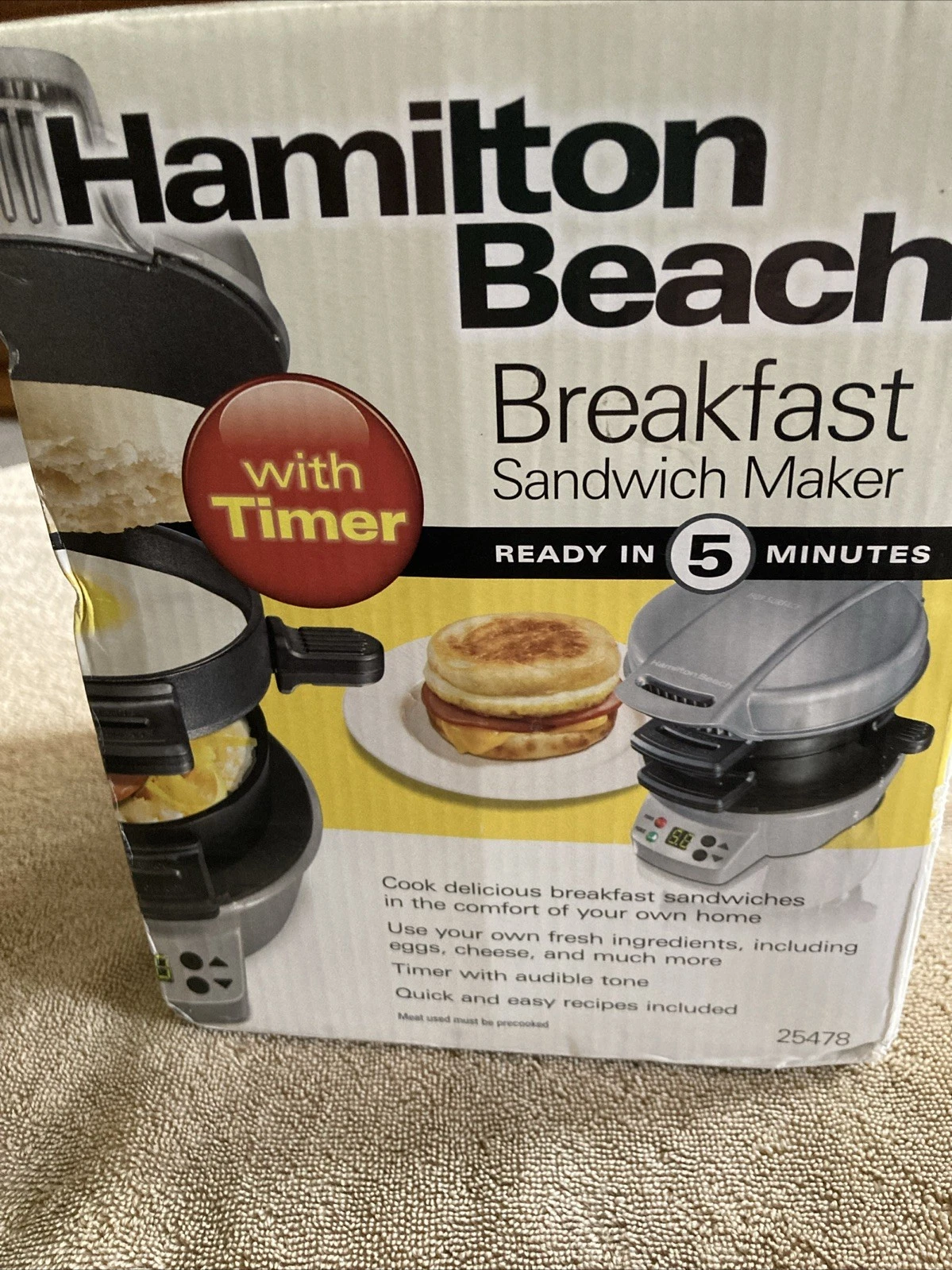 Hamilton Beach Sandwich Breakfast Maker Timer Nonstick Egg Muffin Bacon 25478