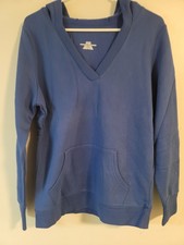 Women's Blue Pullover Hoodie V Neck M Hooded Long Sleeve with Pockets