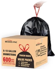 8-10 Gallon Trash Bags Drawstring, 600 Count Bulk, Black & Unscented Multi-pu...