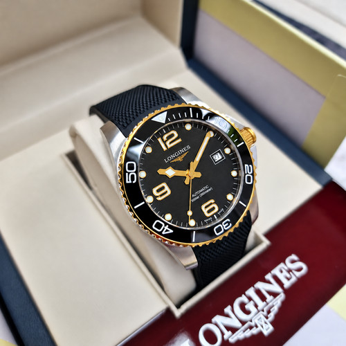 LONGINES HYDROCONQUEST AUTOMATIC L3.781.3.56.9 BLACK & GOLD DIAL RUBBER STRAP