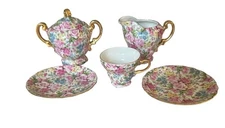 Miniature Pink Chintz Print Childrens Porcelain Tea Set Pieces Sugar Creamer Cup