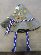Adult OKTOBERFEST Grey Felt Hillbilly Scarecrow Hat with Pins Decorations