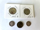 Lot of 2 Silver Barber Dimes and 3 Silver War Nickels Total of 5 coins!
