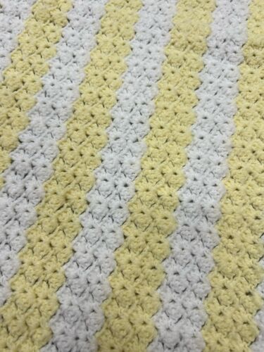 Handmade Knit Baby Blanket Yellow White Stripes 38” X 30” Afghan Newborn Infant