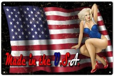 MADE IN THE USA PINUP GIRL US FLAG 18" HEAVY DUTY USA METAL HOME DECOR SIGN