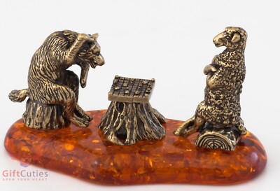 Brass Amber Figurine Chess game of Wolf vs Sheep Ram IronWork