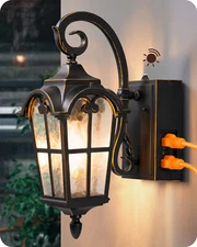 EDISHINE Vintage Outdoor Wall Light, Auto On/Off Sensor & GFCI Outlets,Black