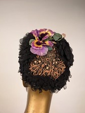 VICTORIAN 1880  S STRAW  LACE BONNET W COLORFUL PANSY FLORAL TRIMS