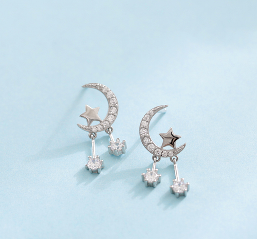 925 Sterling Silber Vergoldete Stern-Mond Ohrringe – Asymmetrisch Mit Zirkonia, Hypoallergen Für Damen