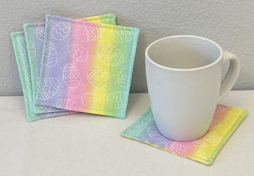 Ostern Getränk Untersetzer Wende Ei Regenbogen Streifen weiß gelb Gingham 4er Set - Bild 2 von 6