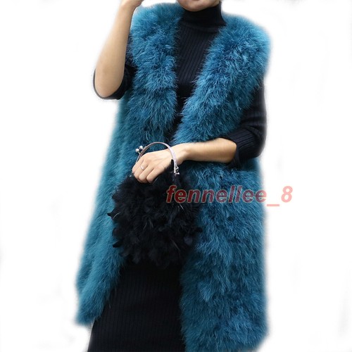Women's Real Ostrich Feather Fur Vest Furry Mid-long Sleeveless Jacket Waistcoat - Picture 5 of 15