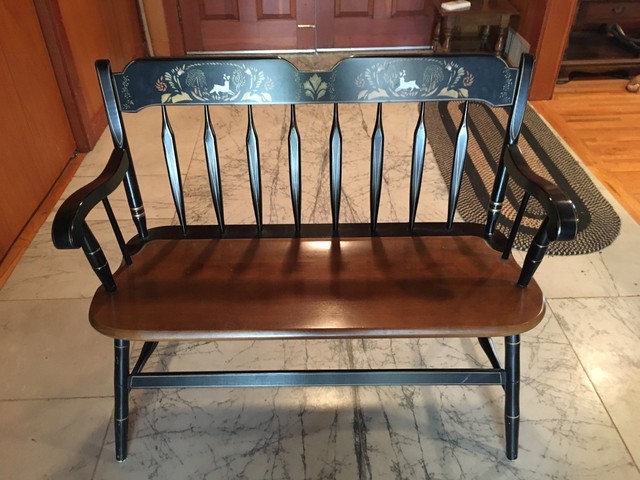 Ethan Allen Deacon S Bench Hand Decorated Deer Black And Nutmeg