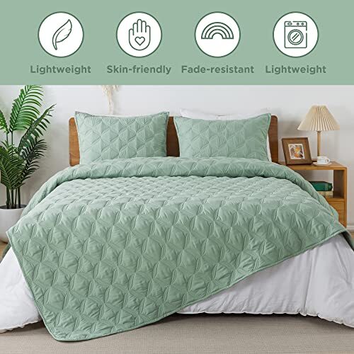 Litanika Sage Green Quilts Queen Size Bedding Set Full Lightweight