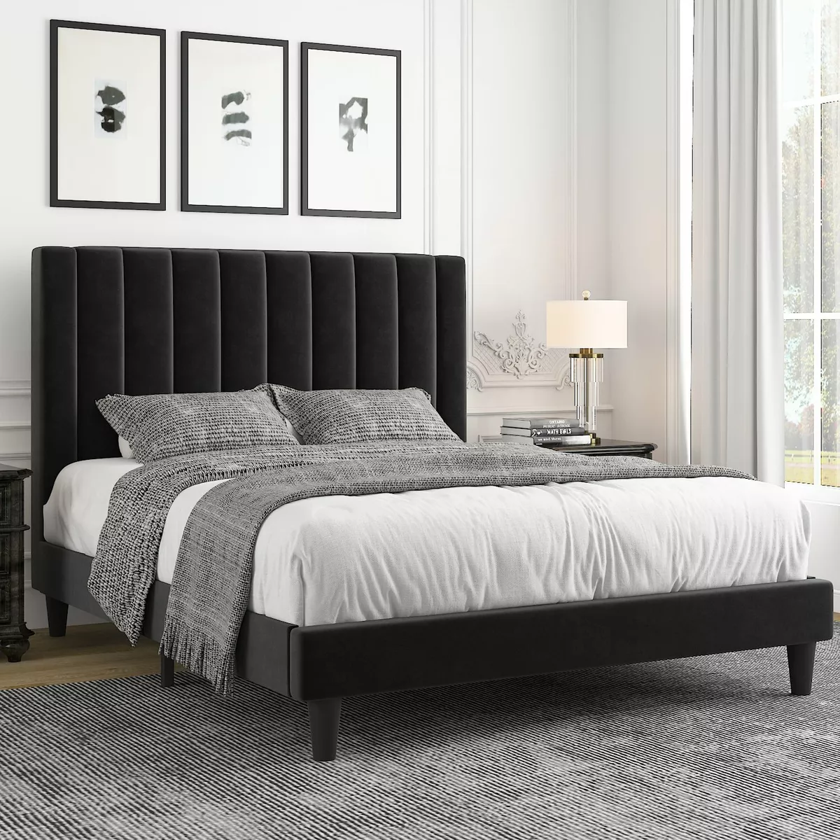 Sifurni Full Bed Frame Velvet Upholstered Bed Frame with Tufted