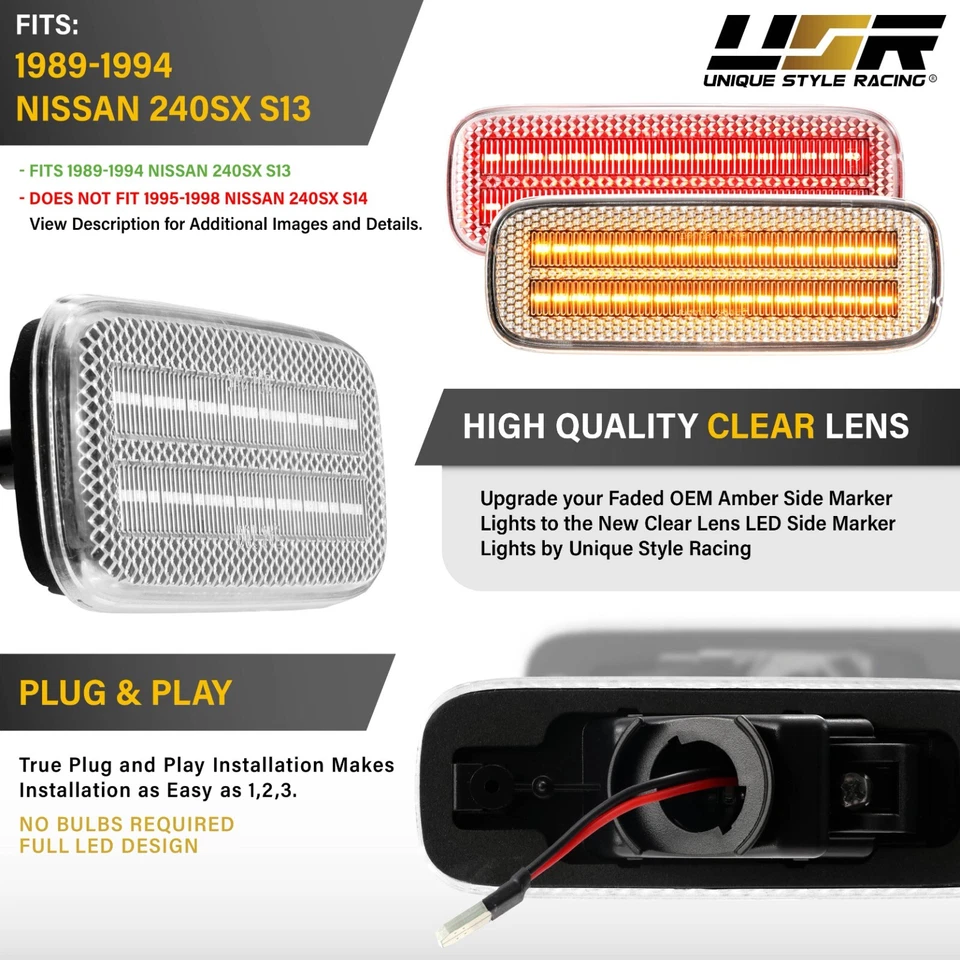 Clear Side Marker Light w/ Red & Amber LED 4pc Set For 89-94 Nissan 240SX S13 — 第 3/4 张图片