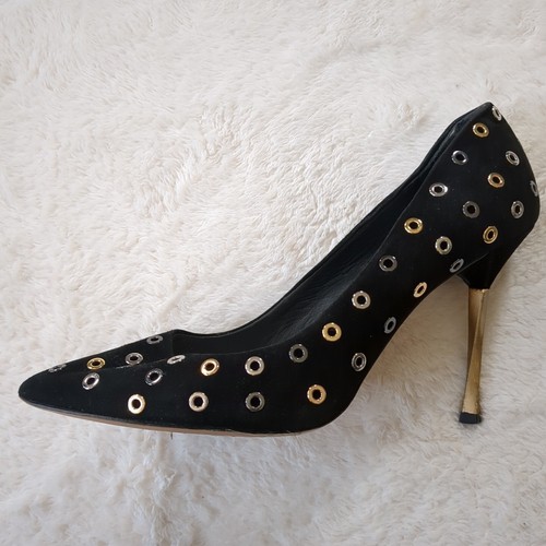 Alice + Olivia Adly Suede Grommet Heels Women US 9 Black Gold Sexy Girl Boss - Picture 3 of 12