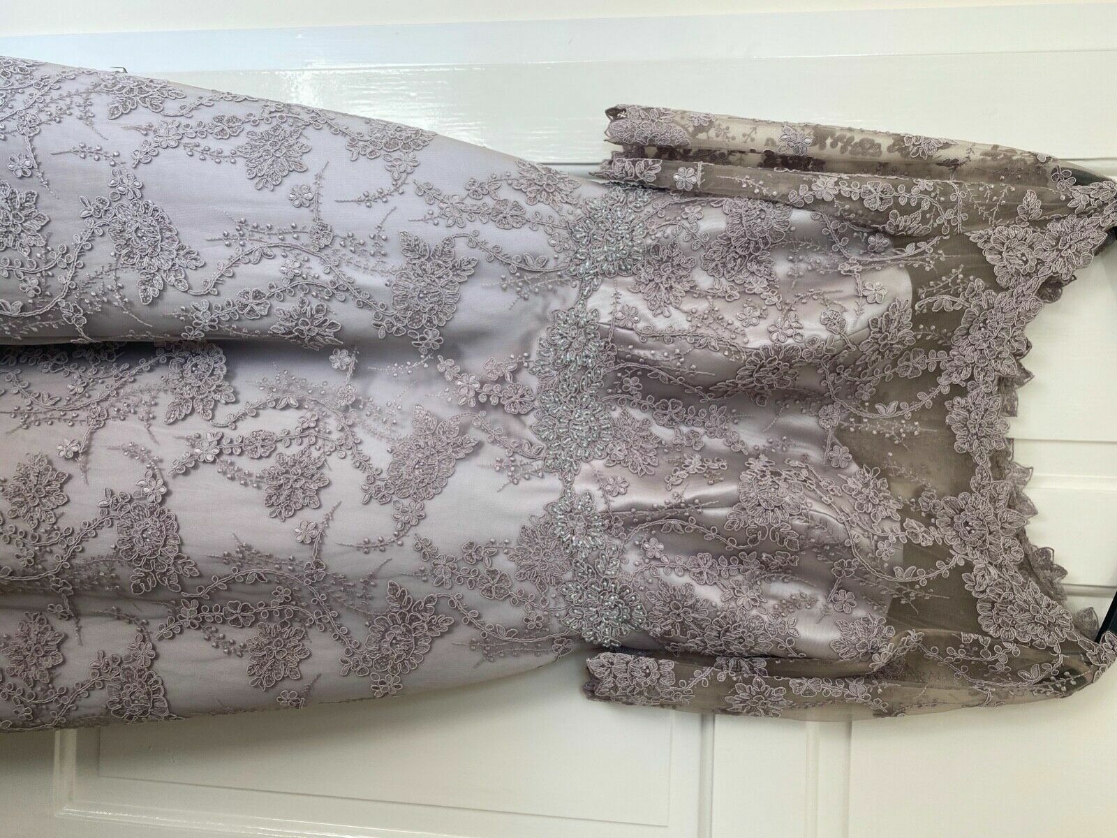 JOHN CHARLES BEAUTIFUL PEARL GREY DRESS TORQUIOSE& GLITTER BEADS SIZE12 RRP £890 image 7