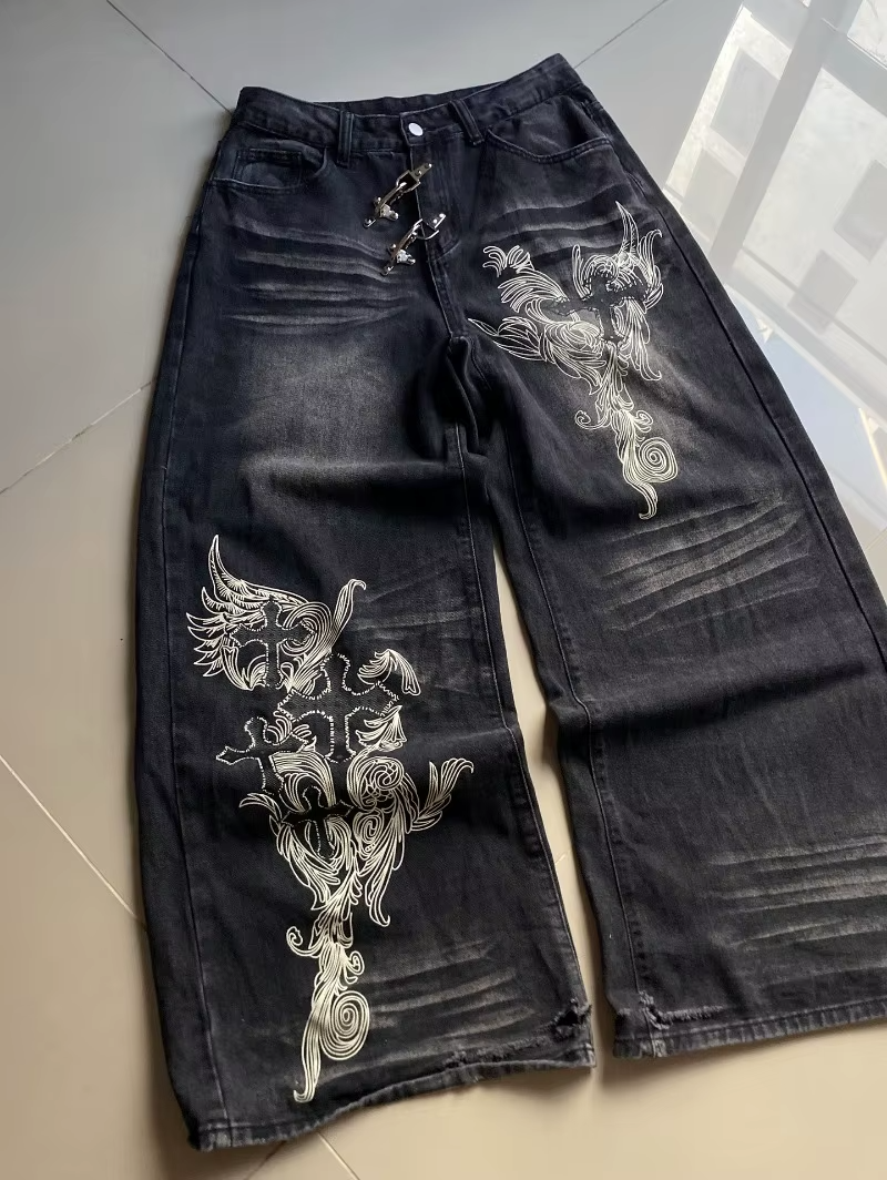 Mens Y2K Gothic Baggy Jeans Black Harajuku Hip Hop Wide Leg