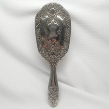 Vintage Silver Tone Ornate Hair Brush Repousse Cherub Vanity Decor Handheld