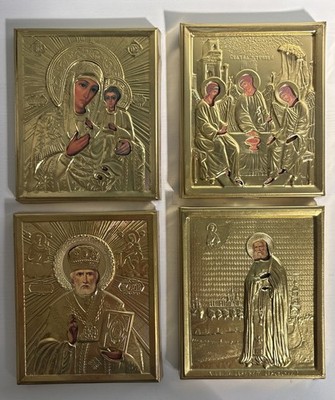 Vtg Gold Russian Icon Kazan Virgin, Holy Trinity, Saint Nicholas, St. Seraphim