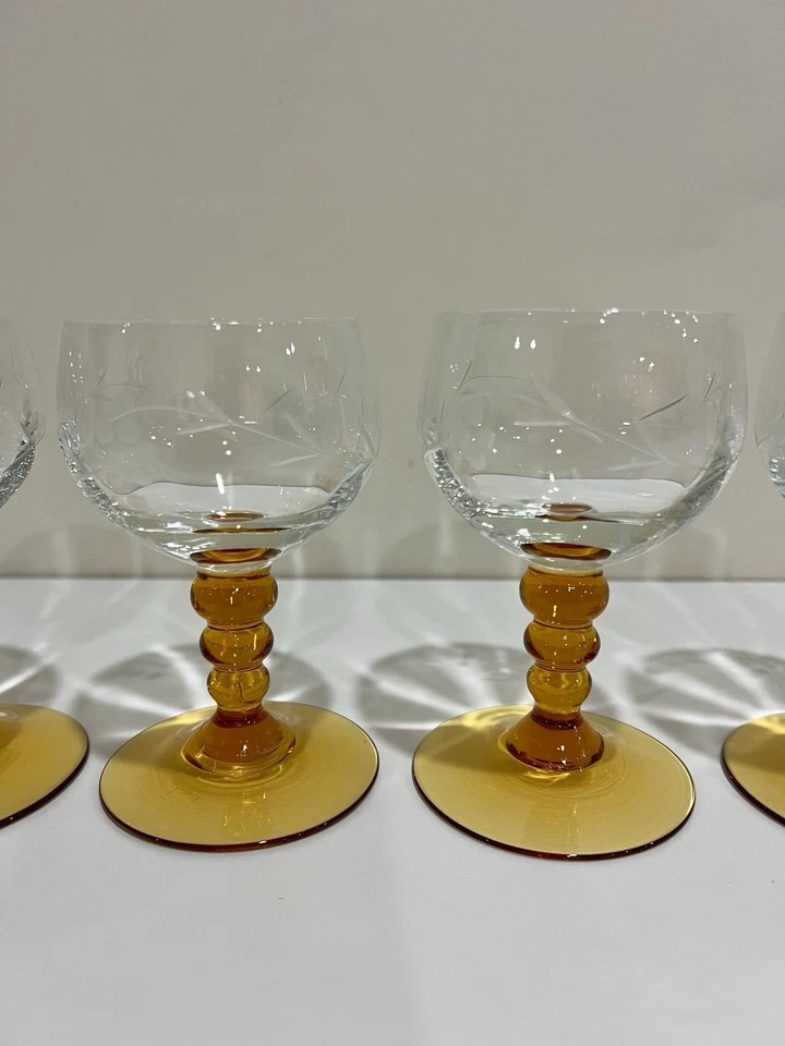 "Copas de vino de colección German Roemer 4"" ámbar con vástago de burbuja grabado vid de uva 4 piezas" Foto 2 de 4