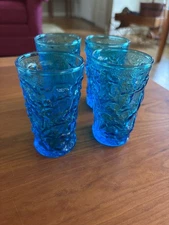 4 Anchor Hocking Milano Lido Vintage MCM Aqua Crinkle Juice Glasses Blue