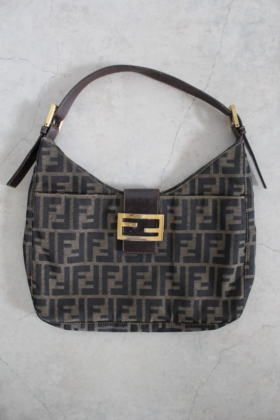 Fendi — Authentic Vintage Fendi Zucca Canvas Baguette Bag w Gold Hardware w Entrupy Cert