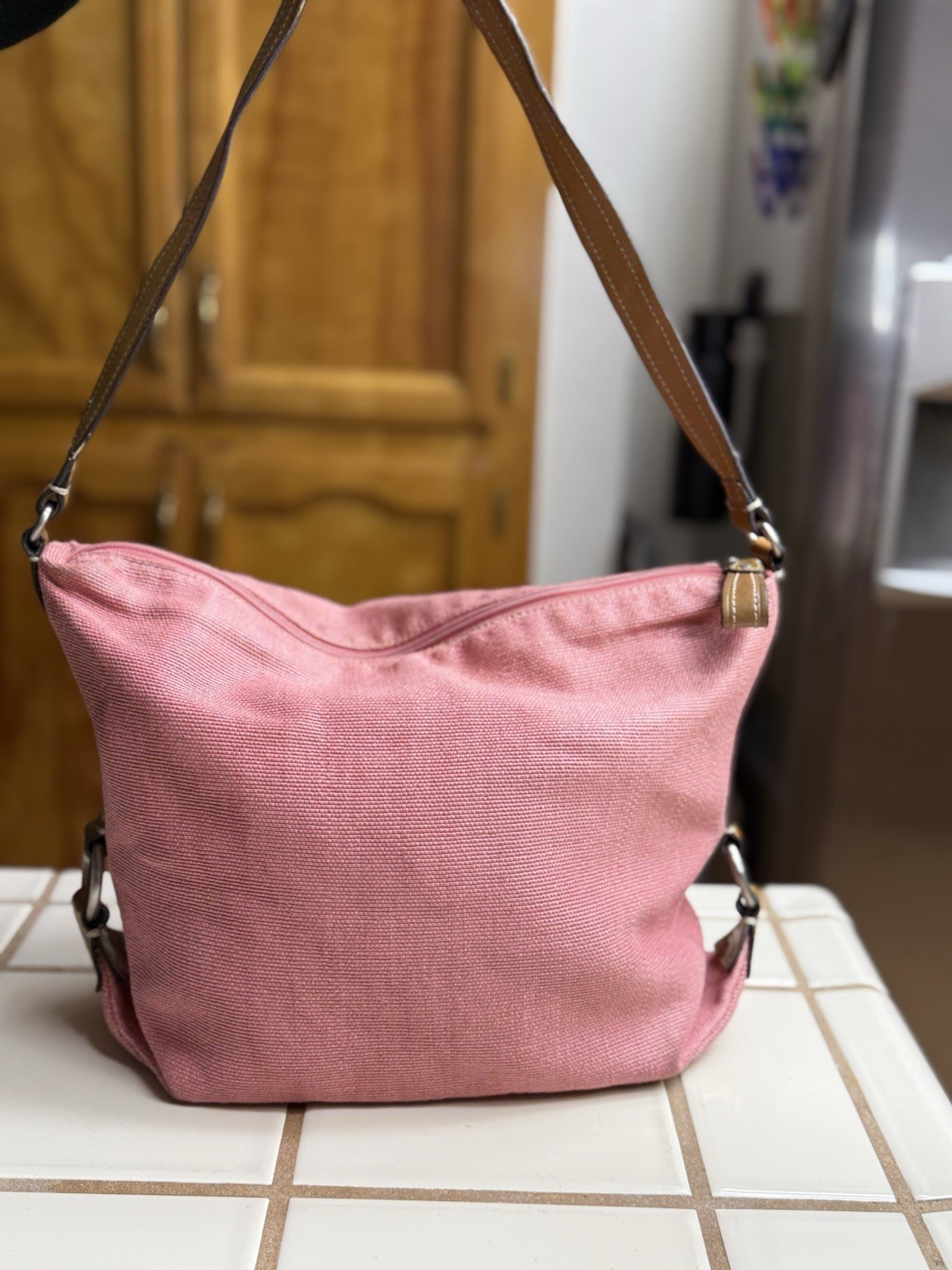 FOSSIL Womens Canvas Hobo Shoulder Bag Leather Pink Floral Y2K