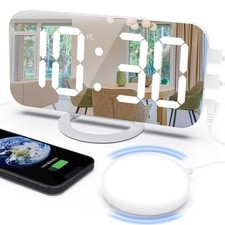 Digital LED Mirror Alarm Clock with Bed Shaker for Heavy Sleepers, White, compat